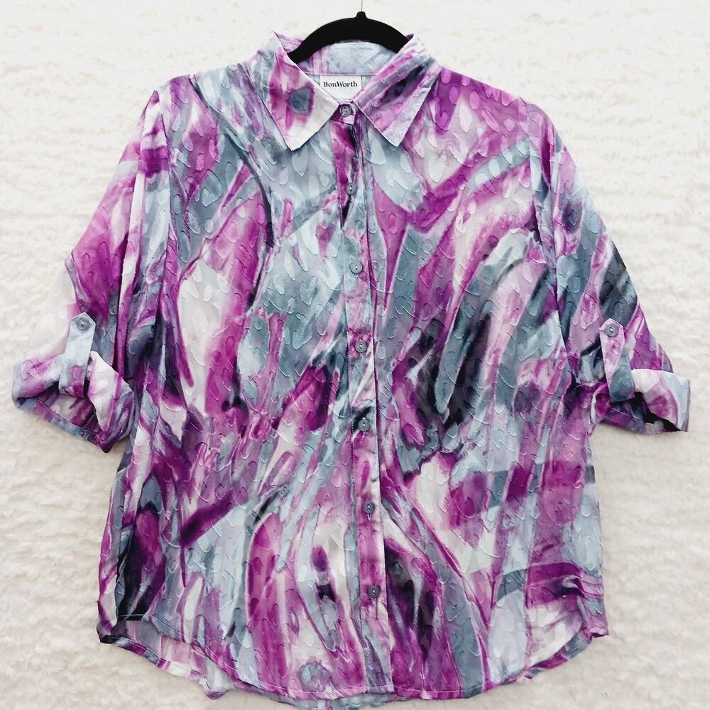Blouse Button-Up Pink Gray Abstract Sheer Textured Fairycore Cottagecore Size SP